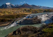 This waterfall in the Torres del Paine region of Chile was flowing dramatically.  This cascading torrent of glacial water has carved the riverbed over thousands of years.