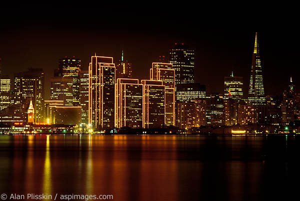 San Francisco buildings lit up for the holiday season.