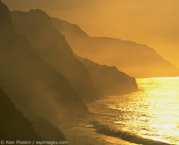 Glowing cliffs at sunset along the Nepali coast, Kauai.