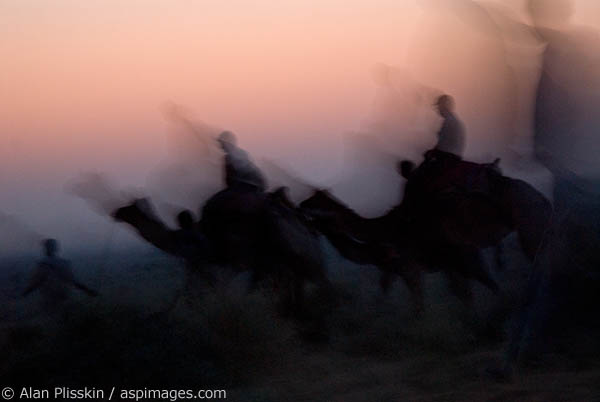 A slow shutter speed at twilight created this image of camel riders in the Jamba area of Rajasthan.