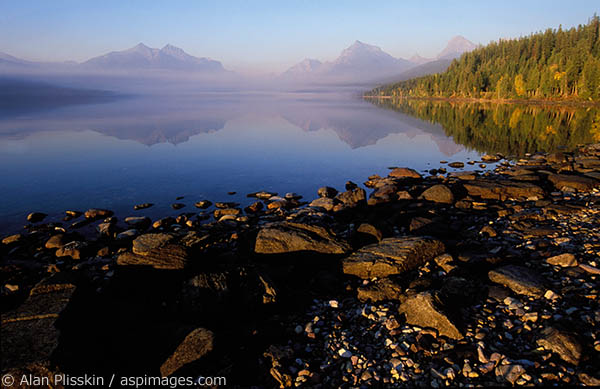 Lake MacDonald in Glacier National Park photographed late in the afternoon.