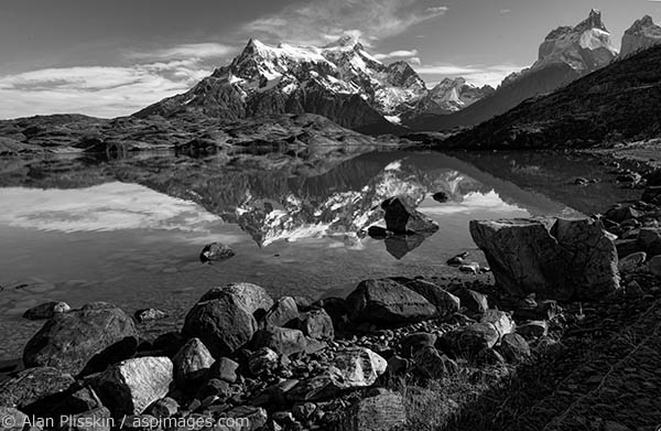 This mountain group in Torres del Paine was reflecting beautifully in calm waters of the Lago Grey below the Grey Glacier.